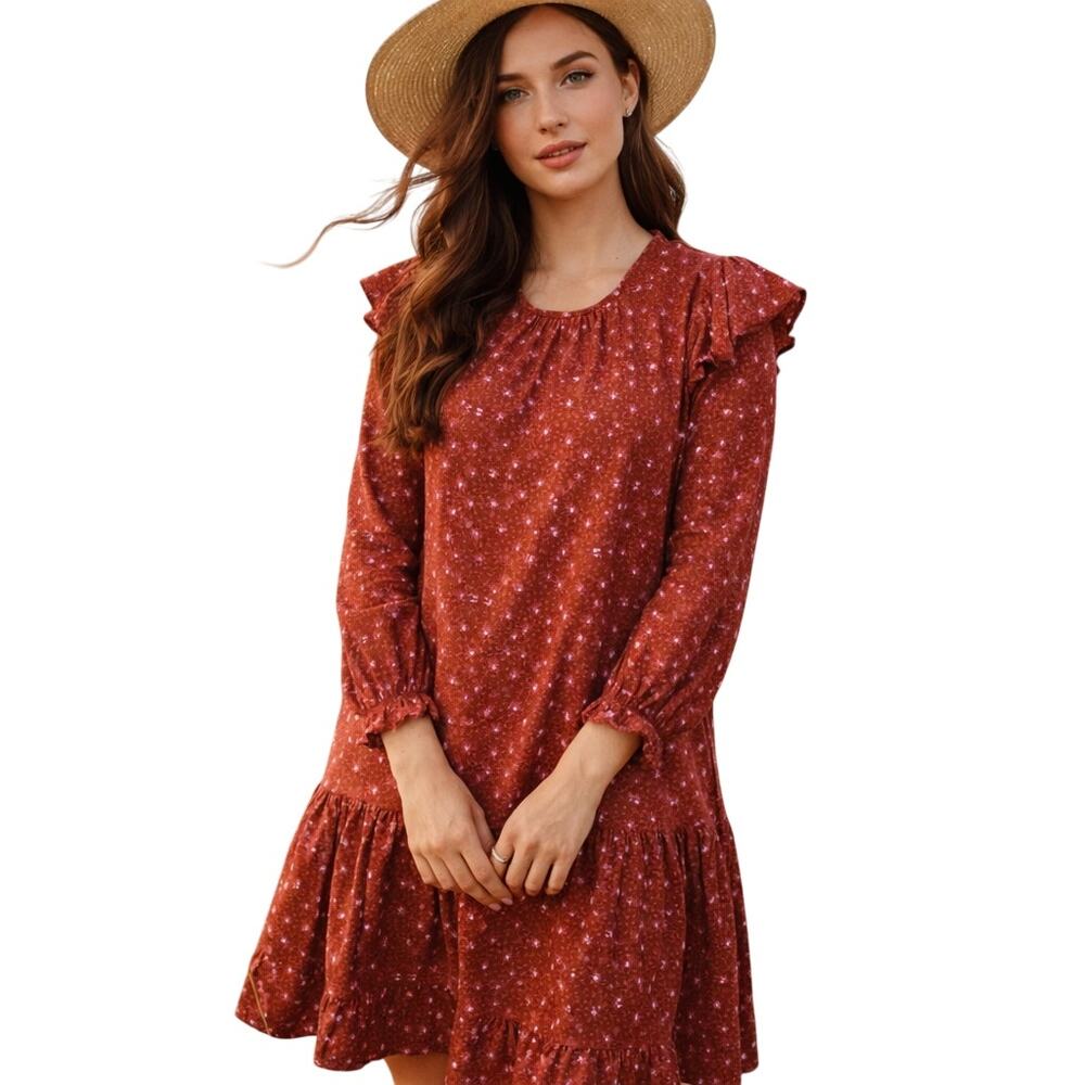 Ann Taylor Boho Red Floral Long Sleeve Ruffle Trim Shift Dress XXS